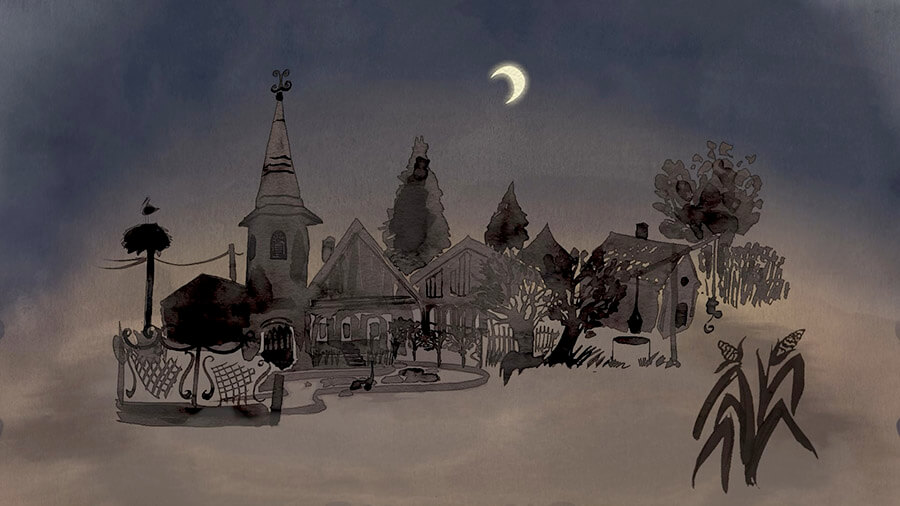 A stylised night-time scene showing the rural world many of the Roma women left behind. Life in these settlements shaped their memories, fears, bonds and cultural identity.