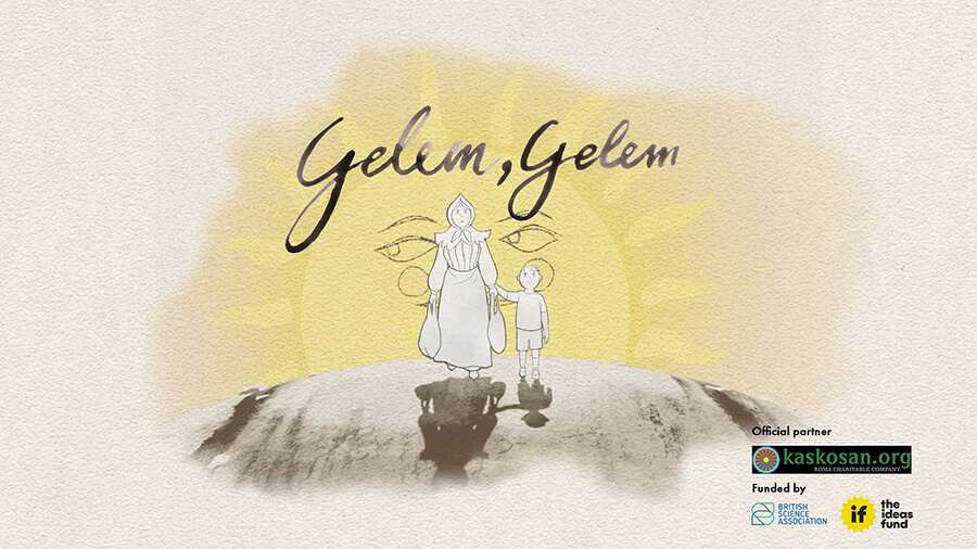 A mother and her young son set out before sunrise — a common reality for Roma women who walked long distances to sell handmade goods to support their families. The poster symbolises resilience, labour and the bond between generations.